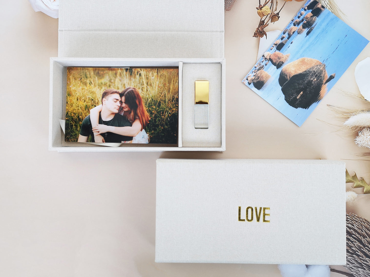 4*6 inch (10X15CM) Beige Photo USB Linen Box