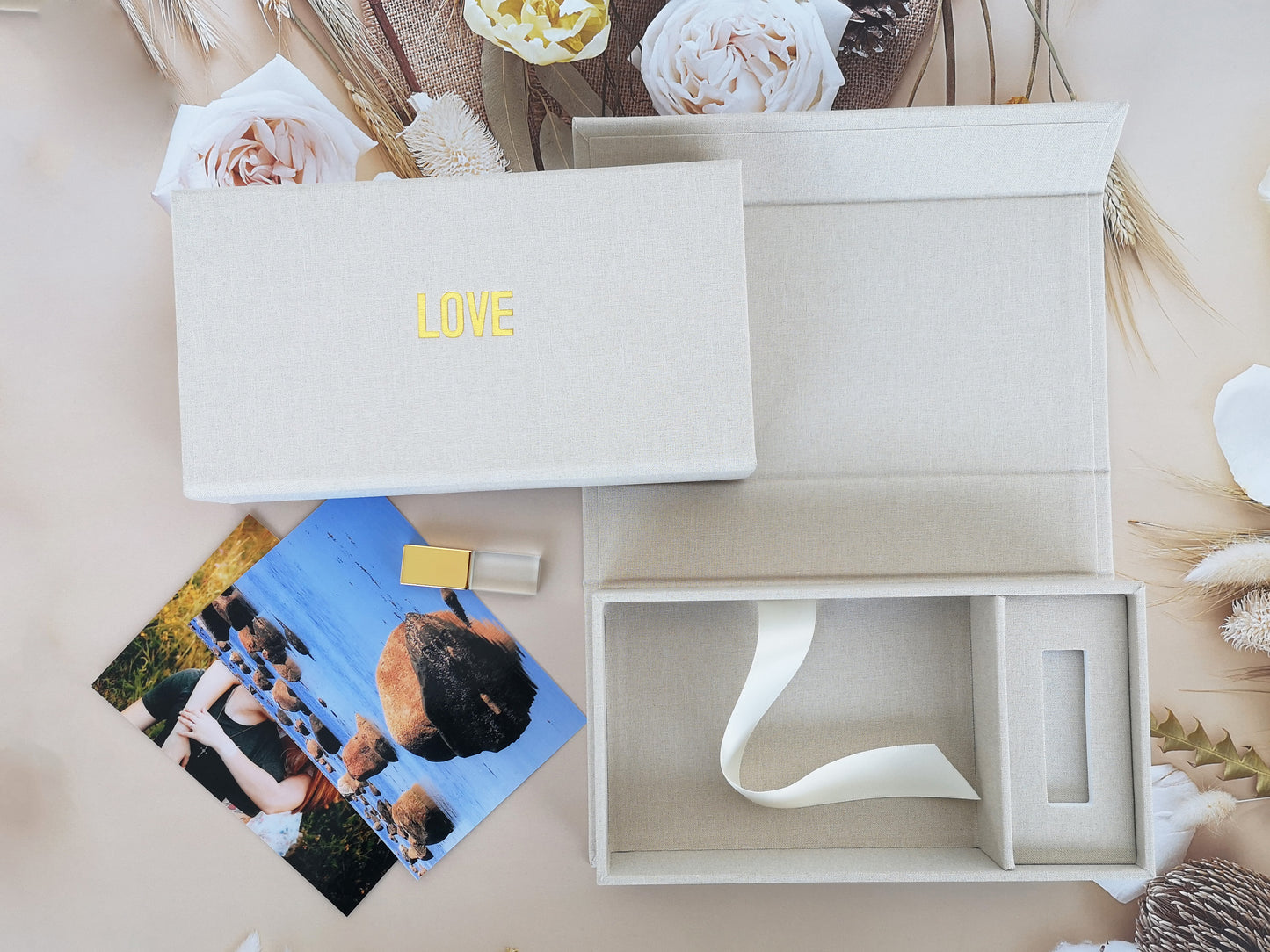 4*6 inch (10X15CM) Beige Photo USB Linen Box